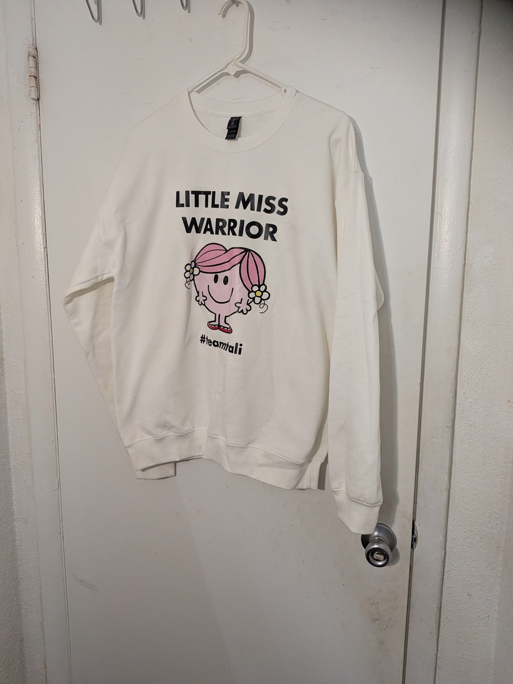 Gildan White Crewneck Sweatshirt with Pink Graphic